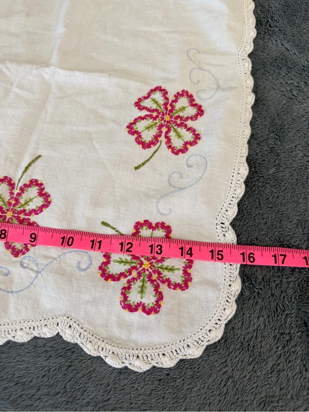 Embroidered Floral Linen Doily - Pink & Green